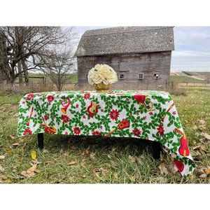 Vintage Christmas Tablecloth NOS Rayon 60x86 Flowers Holly leaves Music